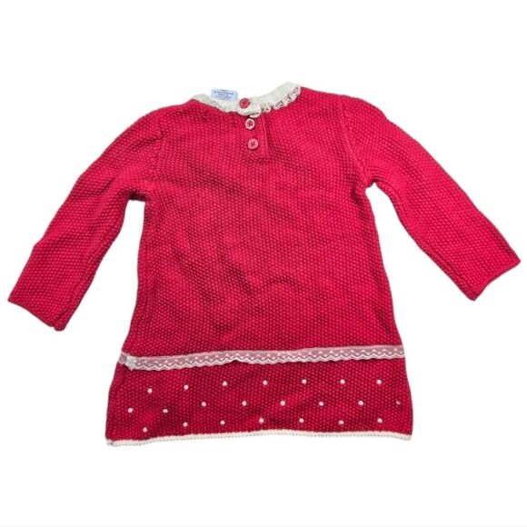 Tahari Baby Red Crochet Knitted Dress Lace Trim Beanie Hat Velvet Bow Infant Cap - Picture 2 of 10